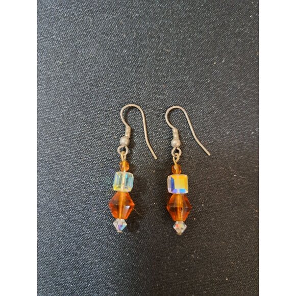 Crystal Bead Dangle Hook Earrings  Orange & Clear Beads - Picture 1 of 3